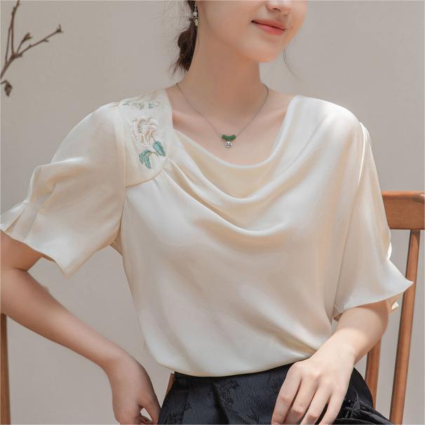 氣質方領褶皺繡花短袖雪紡衫