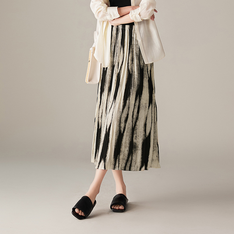 氣質鬆緊腰褶皺印花A字半身裙