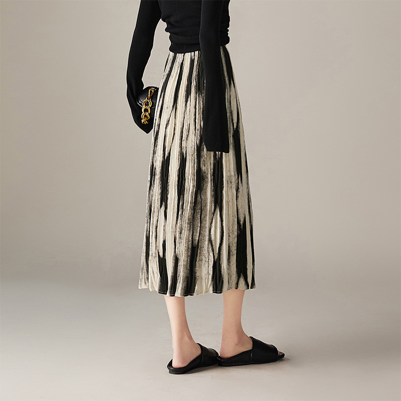 氣質鬆緊腰褶皺印花A字半身裙