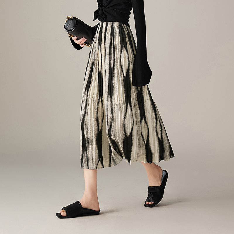 氣質鬆緊腰褶皺印花A字半身裙