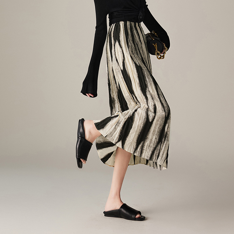 氣質鬆緊腰褶皺印花A字半身裙