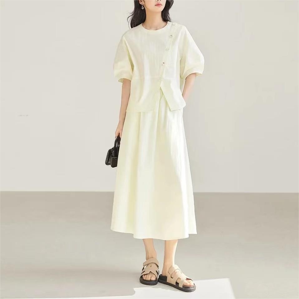 新中式泡泡袖開叉上衣插袋半裙兩件套