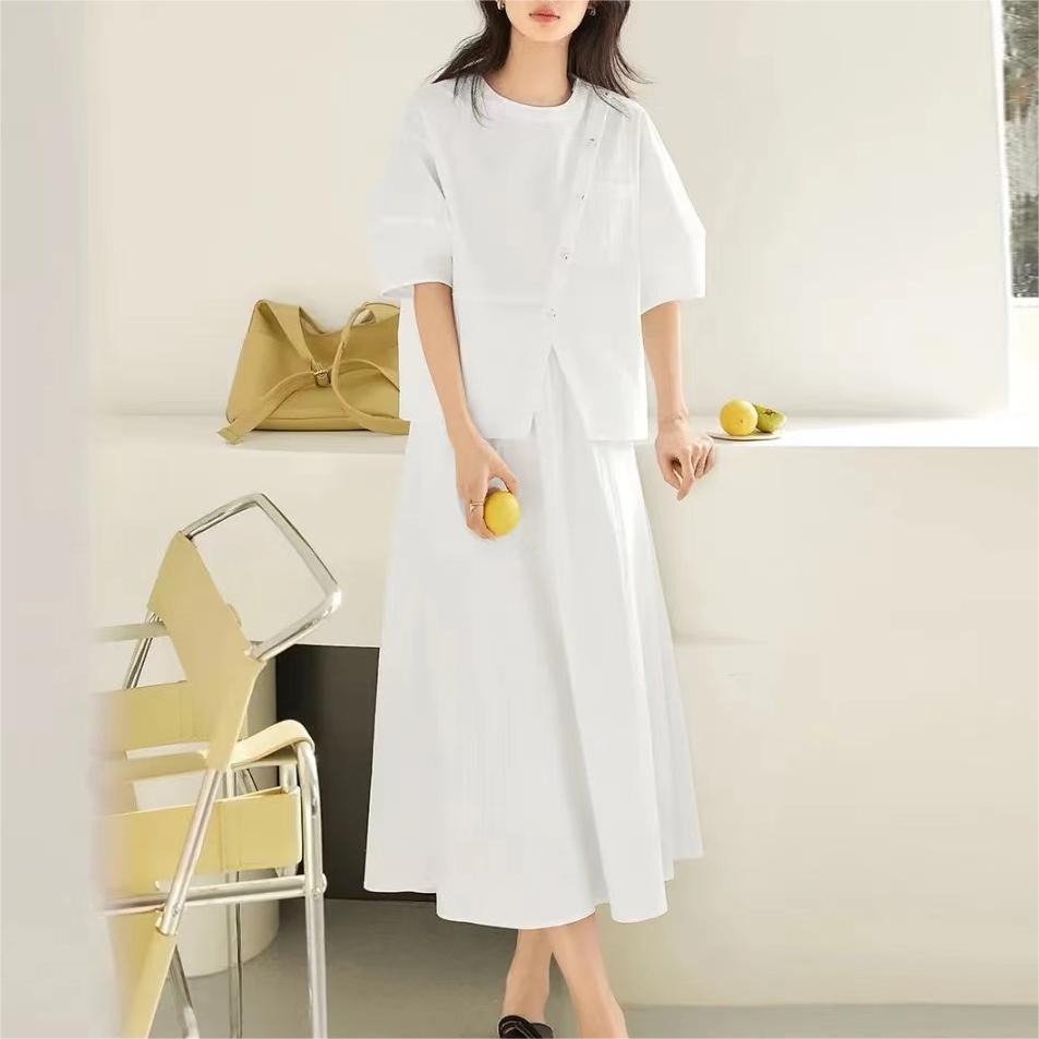 新中式泡泡袖開叉上衣插袋半裙兩件套