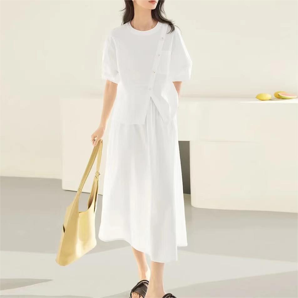 新中式泡泡袖開叉上衣插袋半裙兩件套