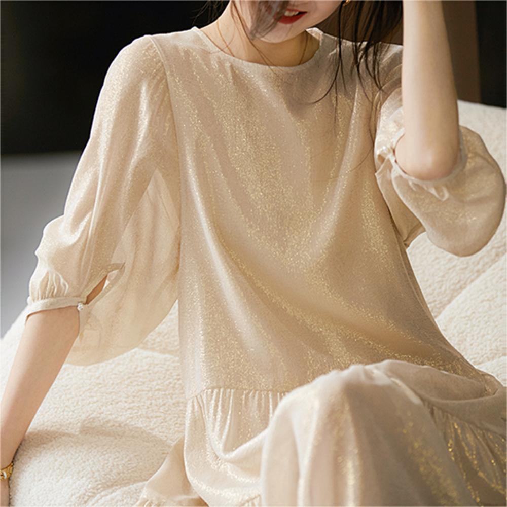 春夏氣質細閃燈籠袖繫帶連身裙