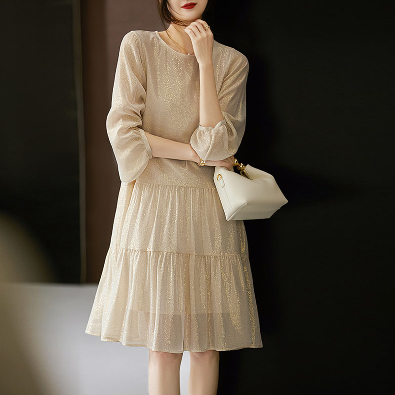 春夏氣質細閃燈籠袖繫帶連身裙