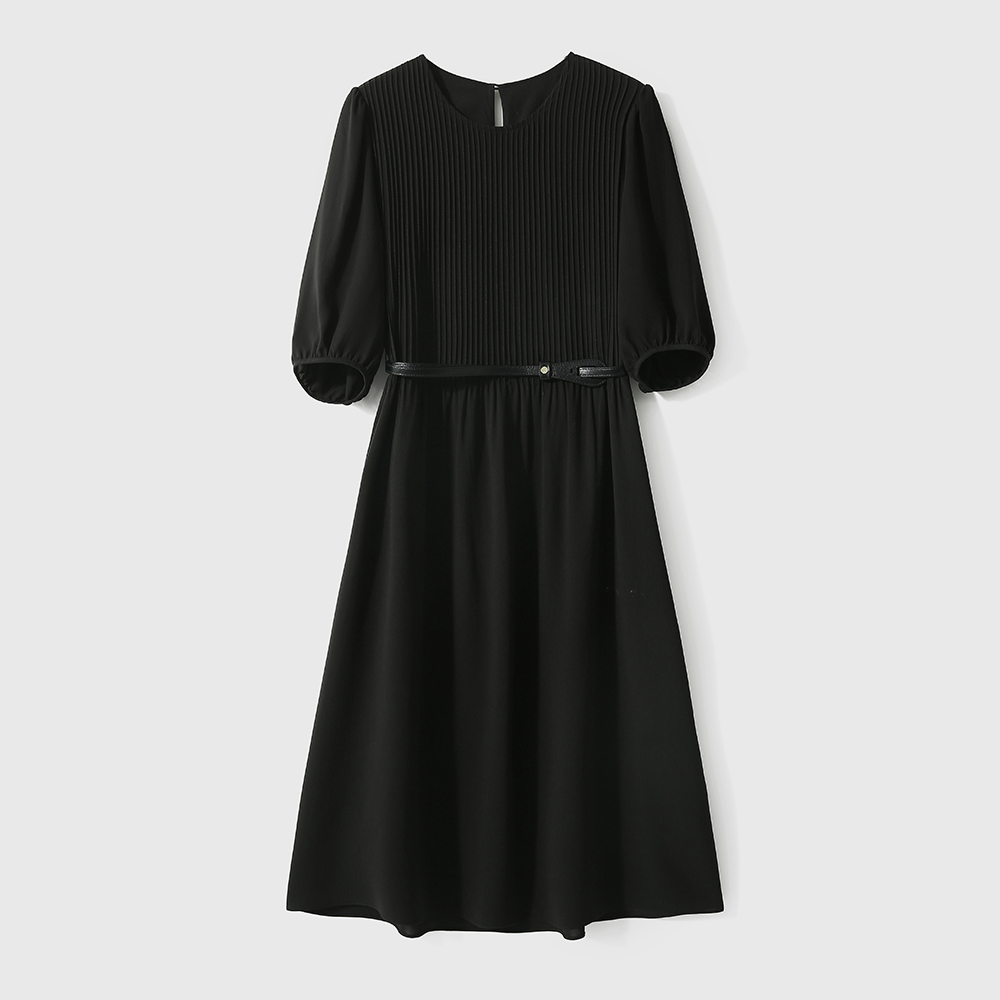 優雅純色泡泡袖抽褶收腰連身裙