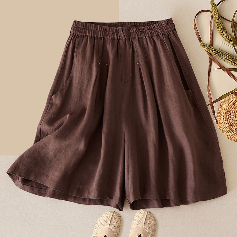 休閒純色鬆緊腰高腰棉麻五分褲