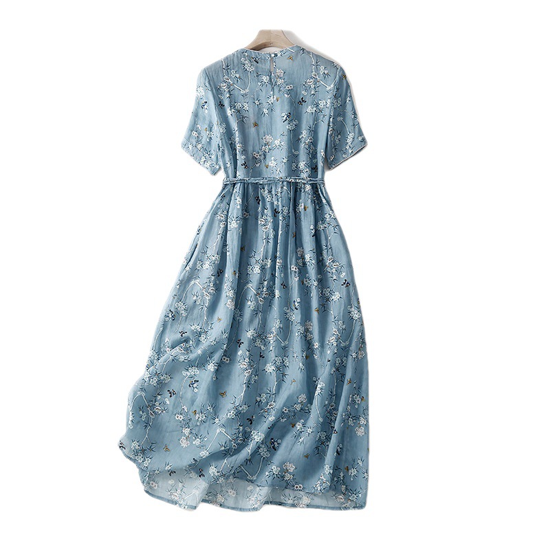 復古棉麻碎花圓領連身裙