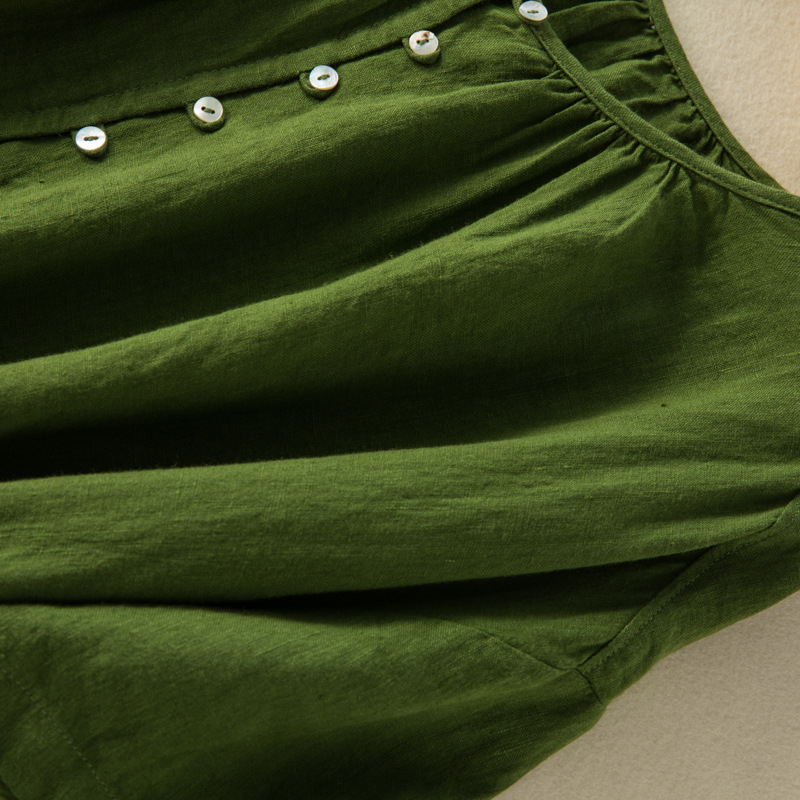 復古純色短袖棉麻連身裙