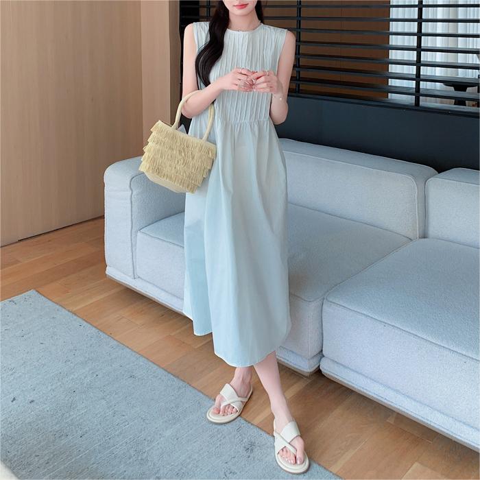 韓版純色無袖背心長洋裝
