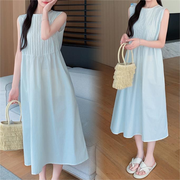 韓版純色無袖背心長洋裝