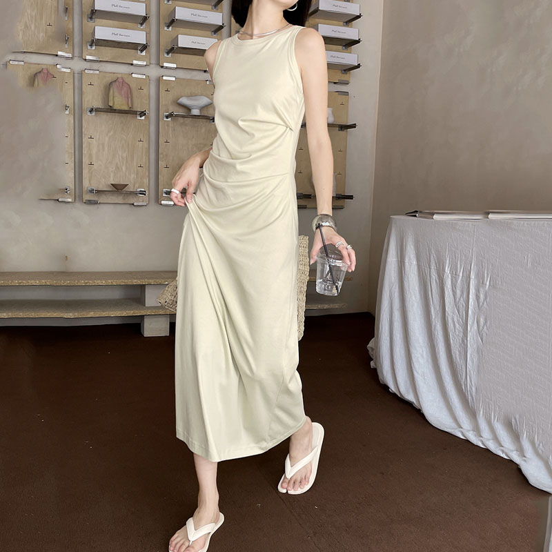 設計感修身顯瘦褶皺長款洋裝