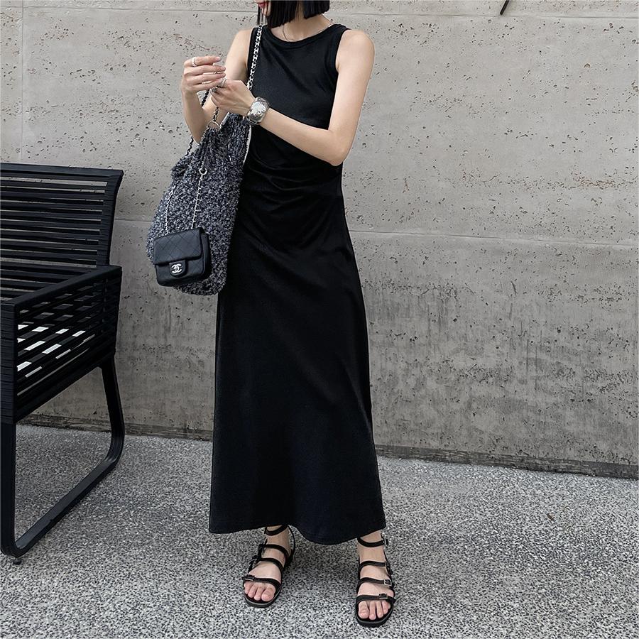 設計感修身顯瘦褶皺長款洋裝