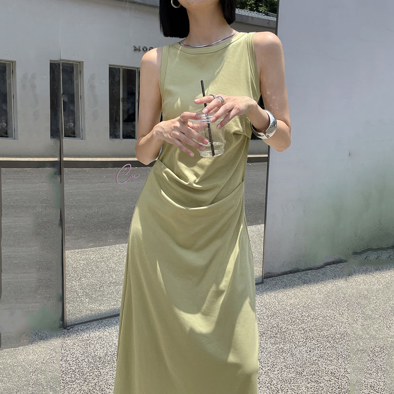 設計感修身顯瘦褶皺長款洋裝