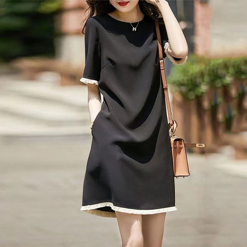 赫本風圓領短袖連身裙