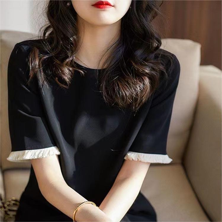 赫本風圓領短袖連身裙