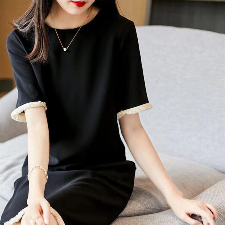 赫本風圓領短袖連身裙