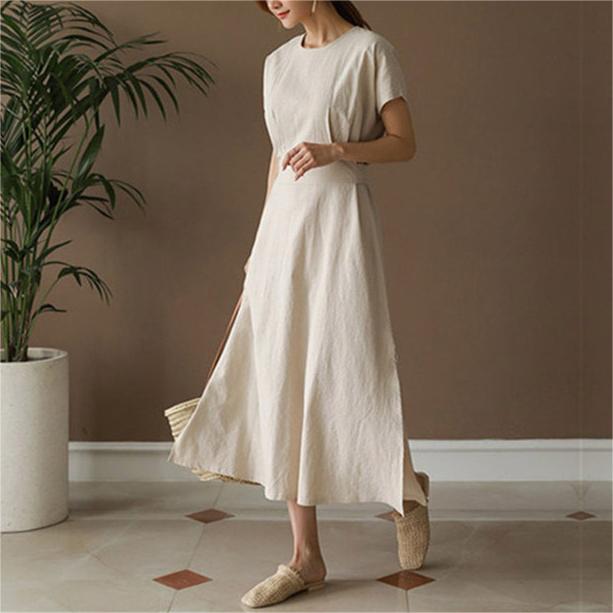 韓版繫帶開衩收腰大擺棉麻洋裝