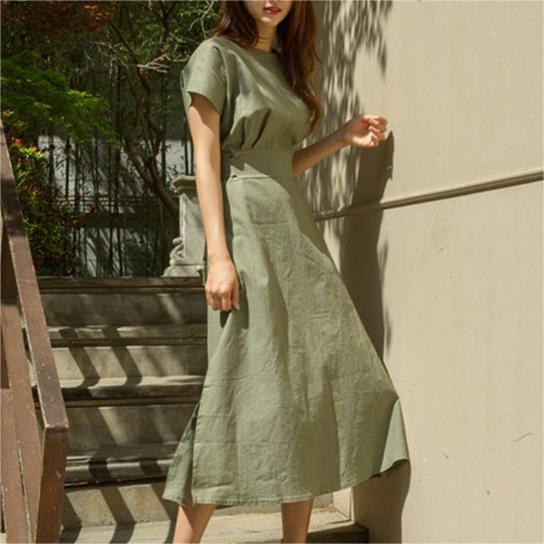 韓版繫帶開衩收腰大擺棉麻洋裝