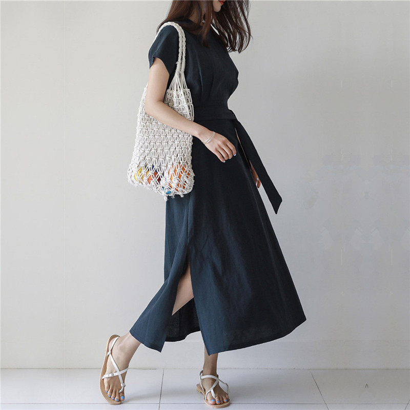 韓版繫帶開衩收腰大擺棉麻洋裝