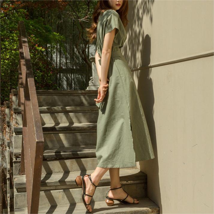 韓版繫帶開衩收腰大擺棉麻洋裝