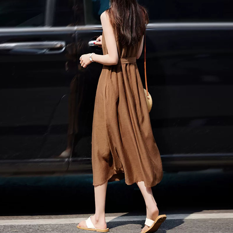 法式純色無袖繫帶收腰連身裙