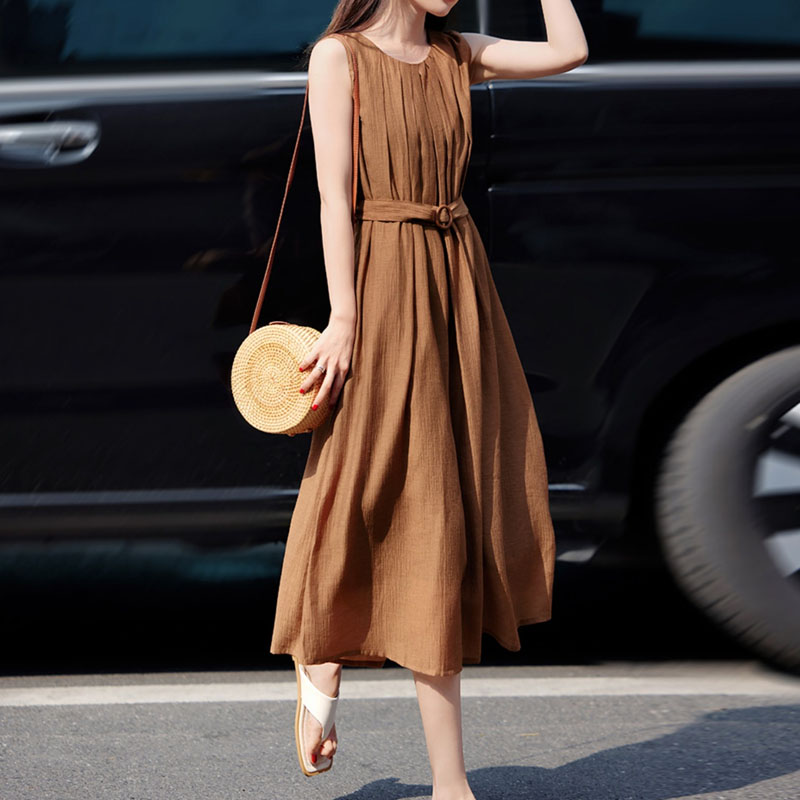 法式純色無袖繫帶收腰連身裙