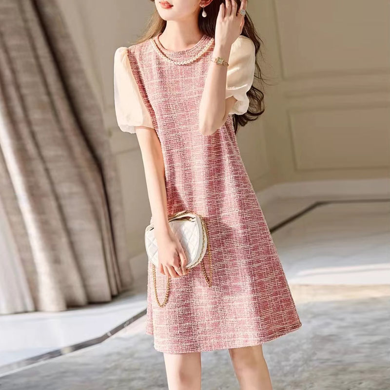 小香風熟圓領泡泡袖短袖連身裙