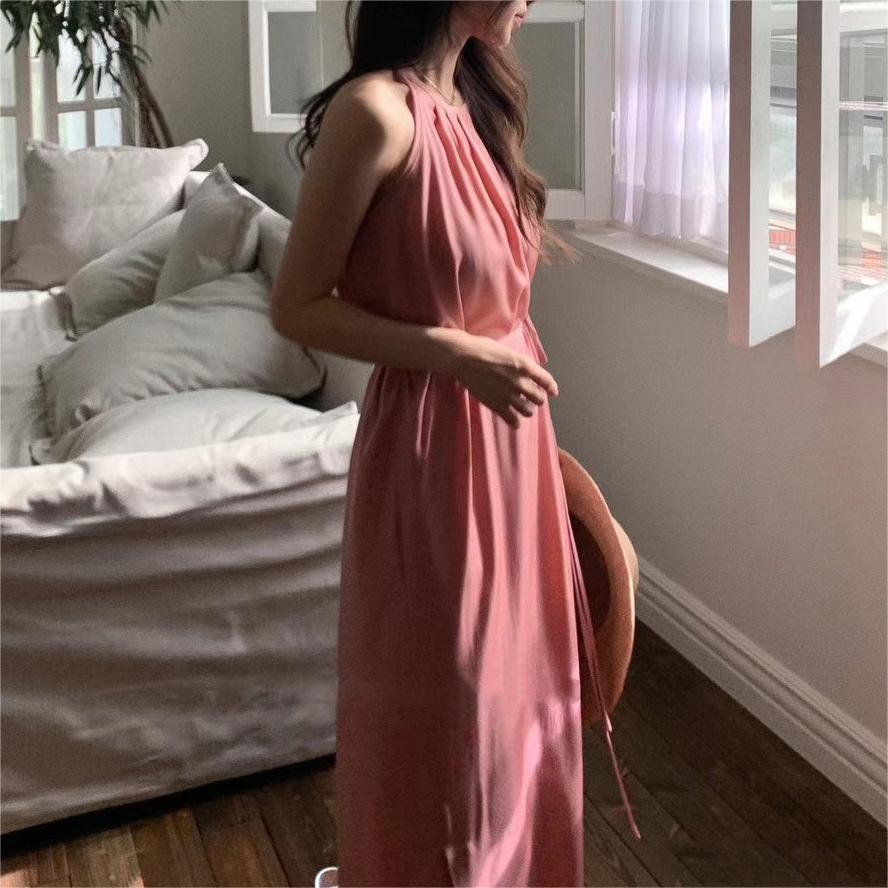 度假風掛脖露肩收腰開叉連身裙