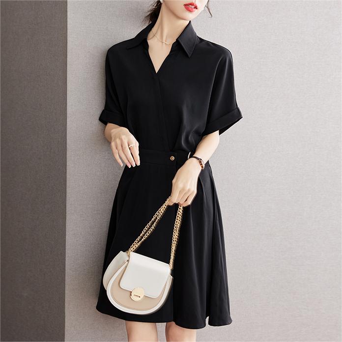 法式純色翻領收腰連身裙