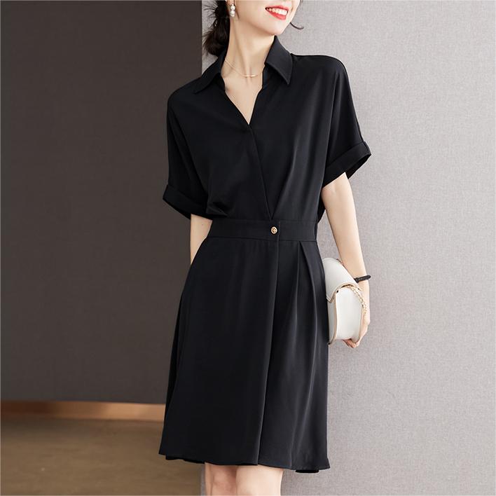 法式純色翻領收腰連身裙