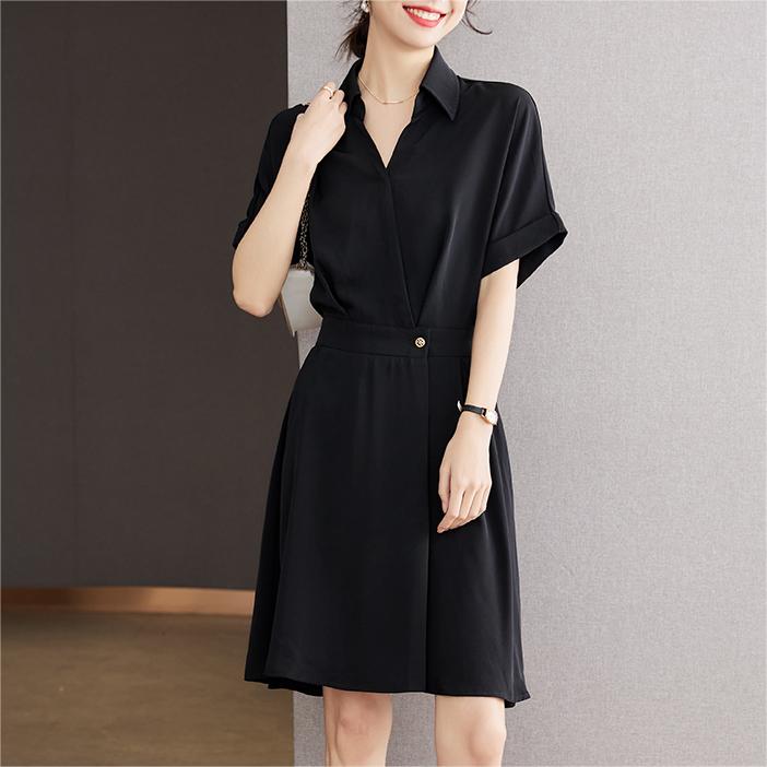 法式純色翻領收腰連身裙