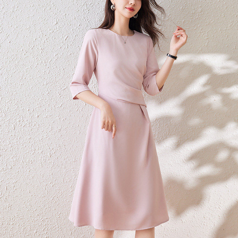 法式純色中袖收腰連身裙