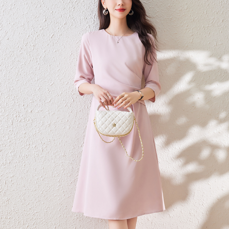 法式純色中袖收腰連身裙