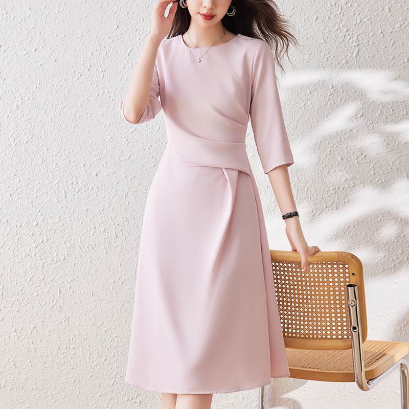 法式純色中袖收腰連身裙