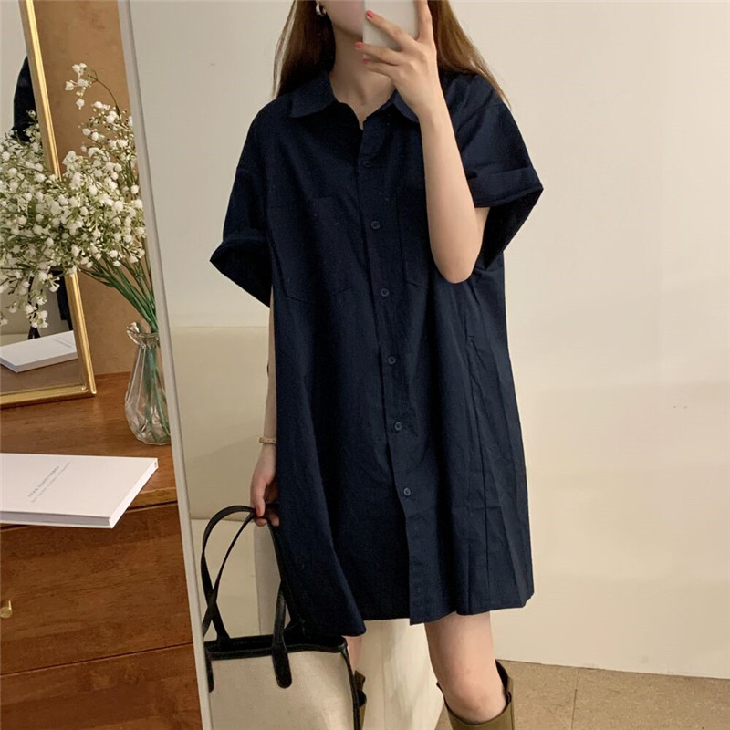 休閒單排扣翻領A字襯衫洋裝