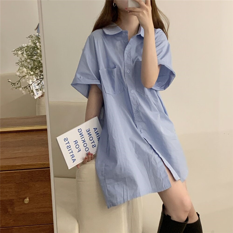 休閒單排扣翻領A字襯衫洋裝