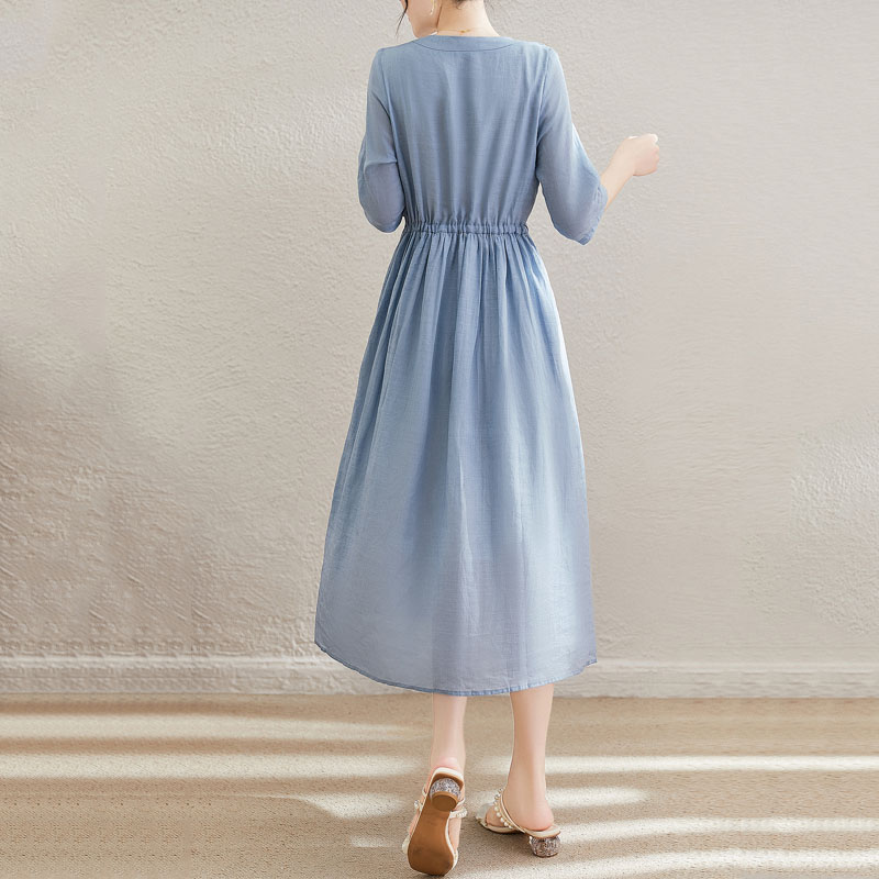 休閑時尚純色繫帶收腰連身裙