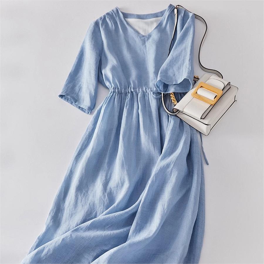 休閑時尚純色繫帶收腰連身裙