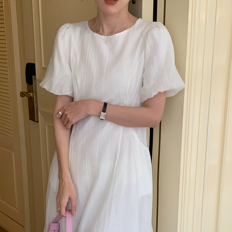 復古圓領泡泡袖收腰連身裙