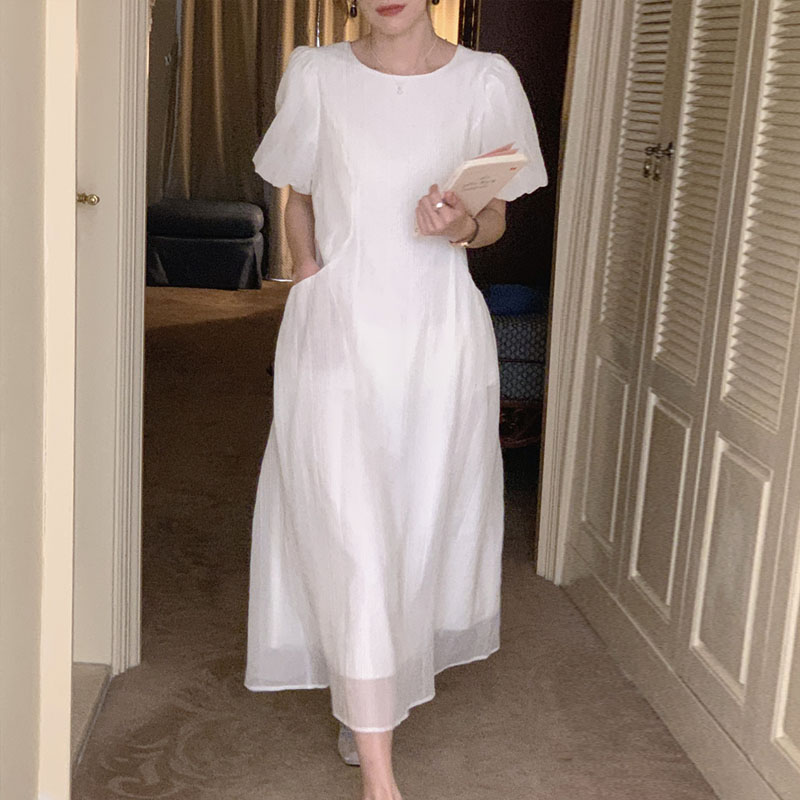 復古圓領泡泡袖收腰連身裙