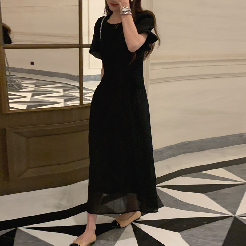 復古圓領泡泡袖收腰連身裙