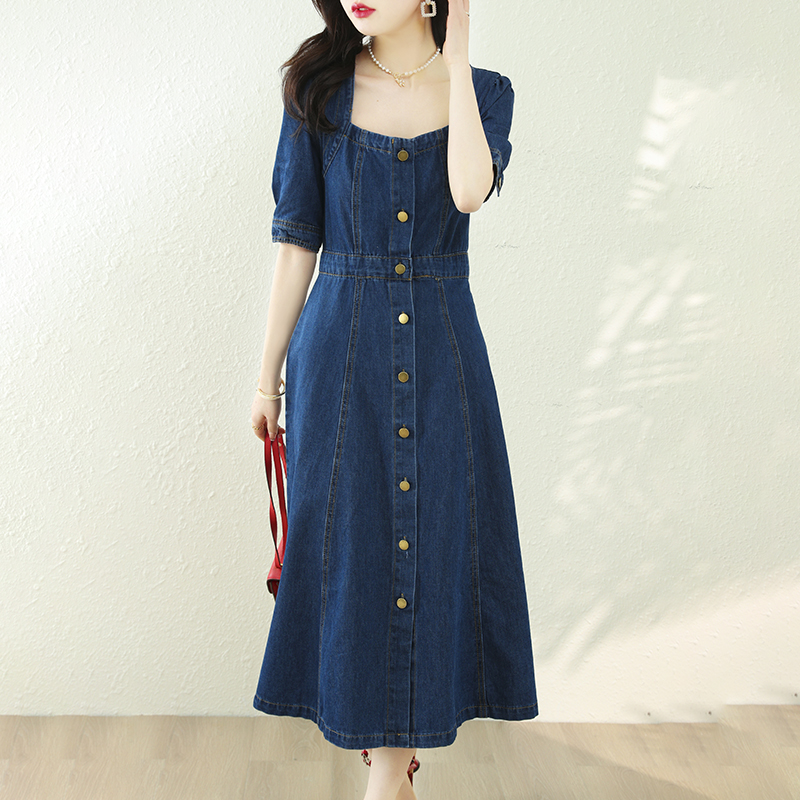 復古氣質方領收腰牛仔連身裙
