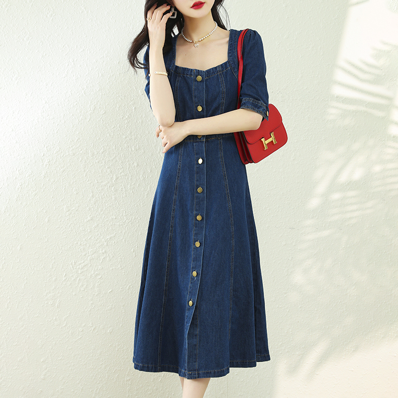 復古氣質方領收腰牛仔連身裙