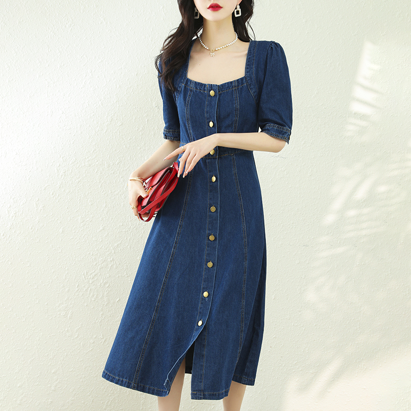 復古氣質方領收腰牛仔連身裙