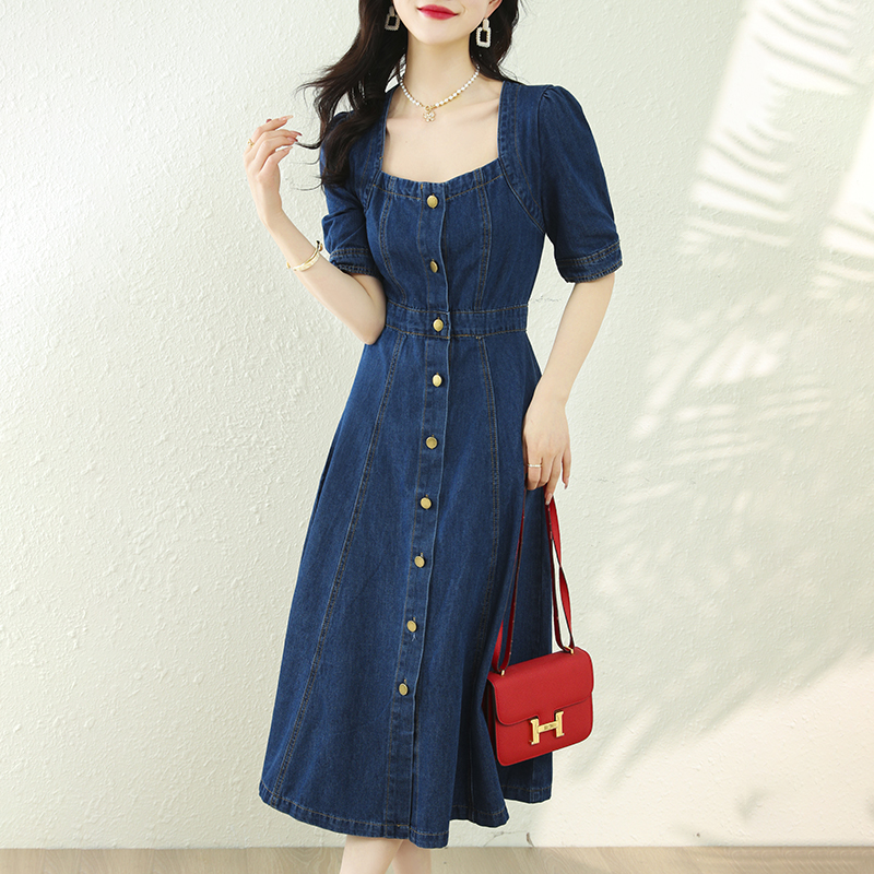 復古氣質方領收腰牛仔連身裙