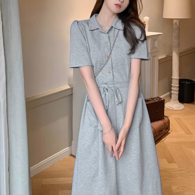 慵懶風收腰翻領帶綁帶連身裙