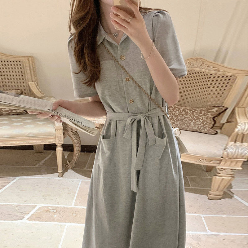 慵懶風收腰翻領帶綁帶連身裙