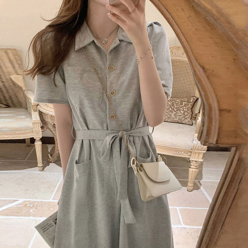 慵懶風收腰翻領帶綁帶連身裙